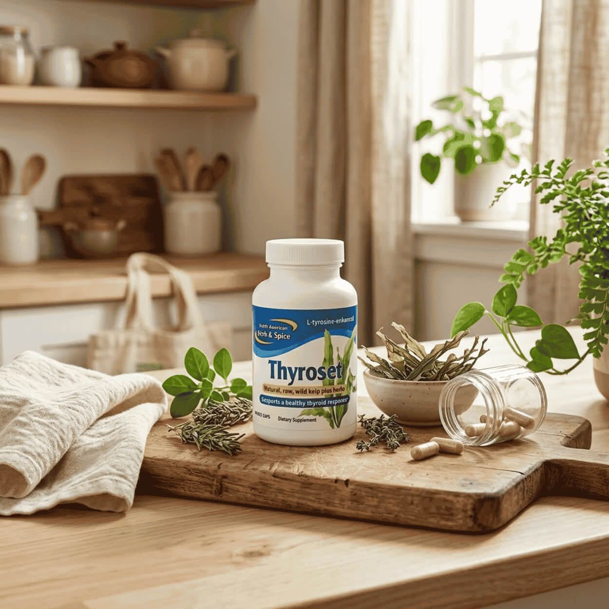 Na drevenej kuchynskej doske stojí výživový doplnok Thyroset v bielej dóze, obklopený ľanovou utierkou, miskou so sušenou riasou kelp, vysypanými bylinnými kapsulami a čerstvými zelenými vetvičkami rozmarínu a oregana v presvetlenej, útulnej kuchyni.